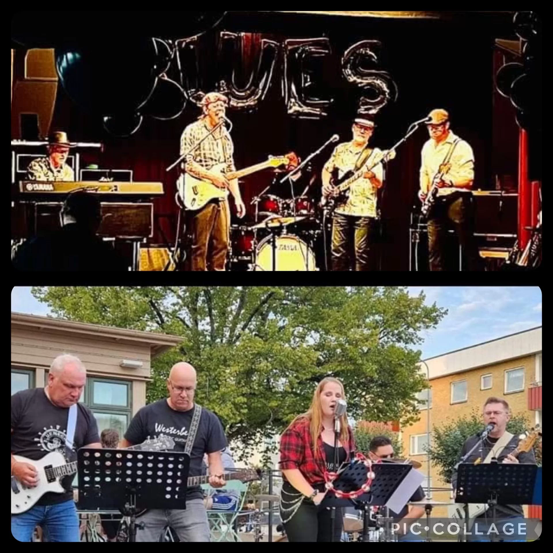 Bildcollage från Blues i Sjöviken: band som spelar elgitarr på scen inomhus och utomhus